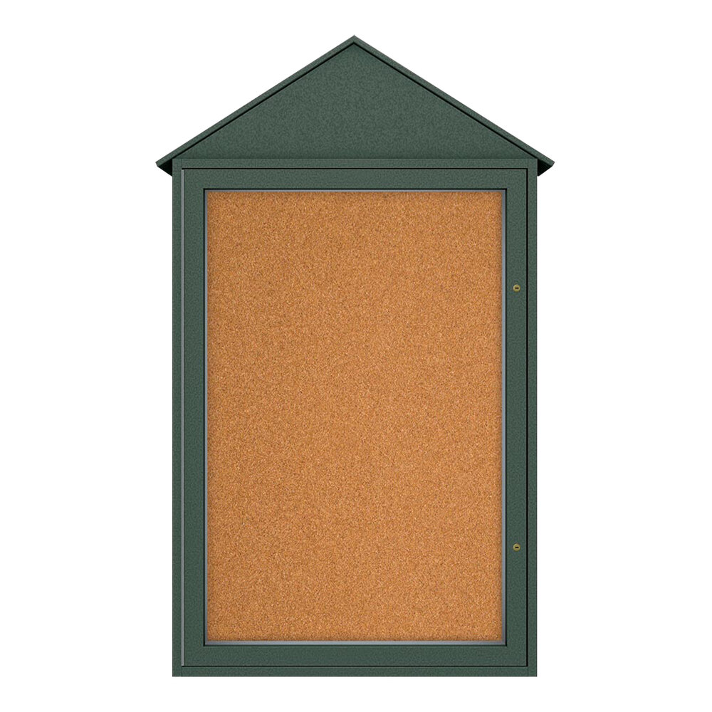 United Visual Products 28" x 48" Single-Sided Enclosed Outdoor Cathedral Message Center with Corkboard and Woodland Green Recycled Plastic Frame