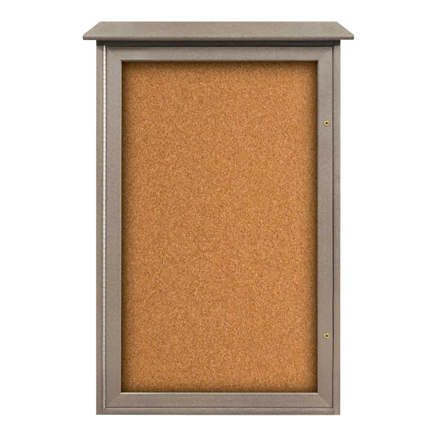 United Visual Products 26" x 42" Single Door Message Center with Corkboard and Weathered Wood Recycled Plastic Frame