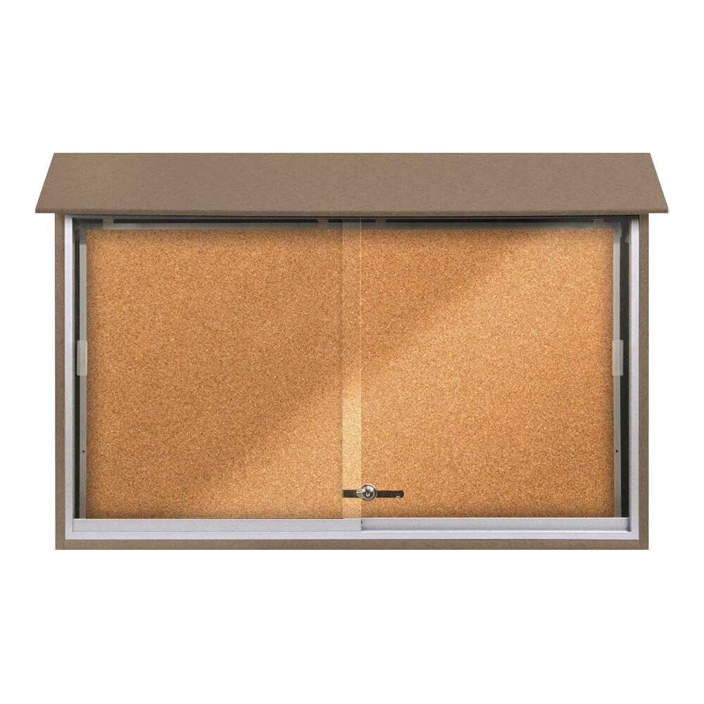 United Visual Products 45" x 30" Sliding Glass Door Message Center with Corkboard and Weathered Wood Recycled Plastic Frame