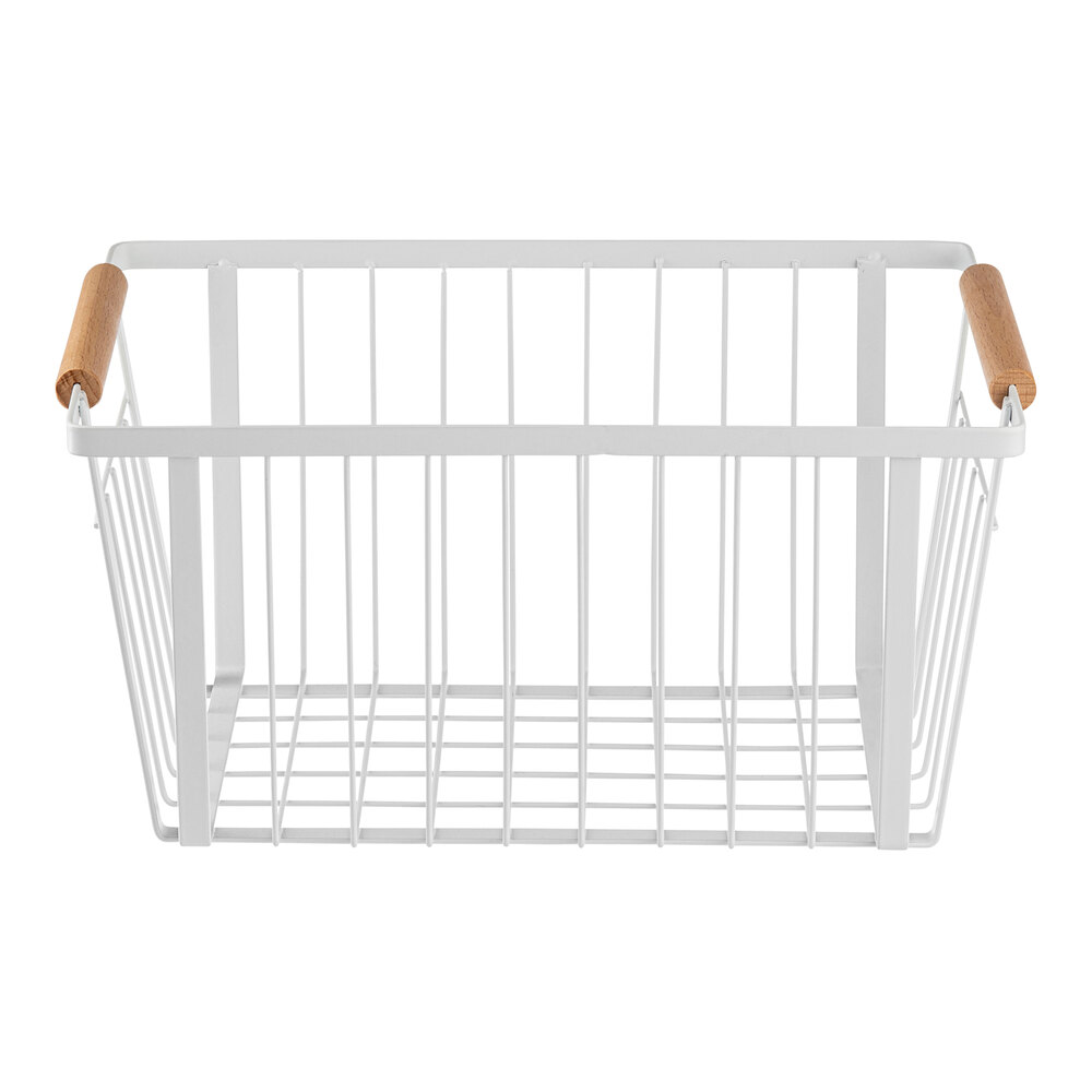 Tablecraft 12" x 8" x 6" White Stackable Powder-Coated Steel Storage Basket with Handles 11785