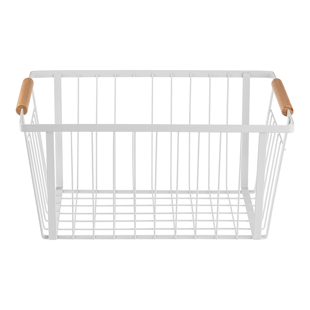 Tablecraft 13 1/2" x 9" x 6 5/8" White Stackable Powder-Coated Steel Storage Basket with Handles 11786