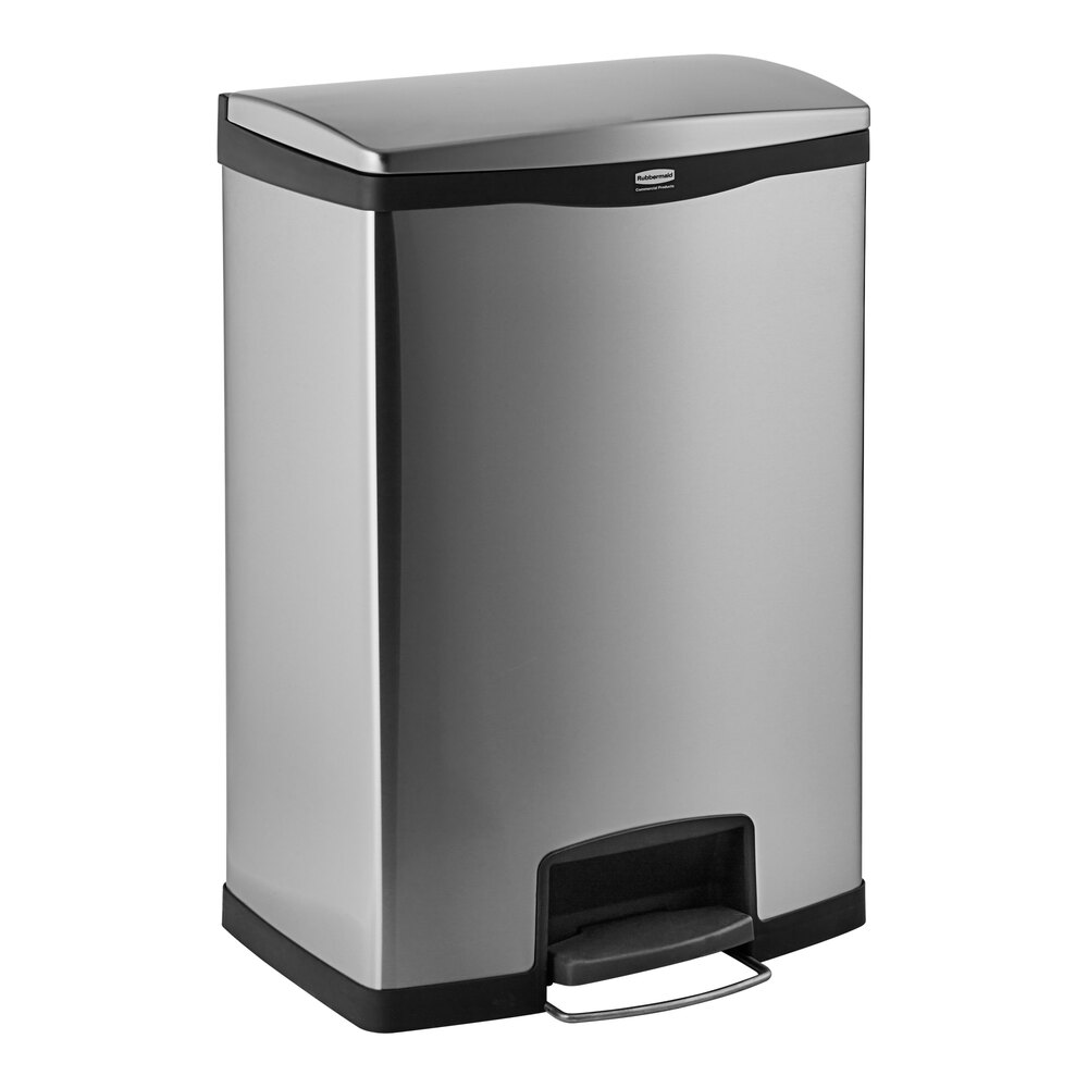 Rubbermaid® 1901999 Slim Jim Stainless Steel Black Accent Front Step-On Rectangular Trash Can with Single Rigid Plastic Liner - 96 Qt. / 24 Gallon