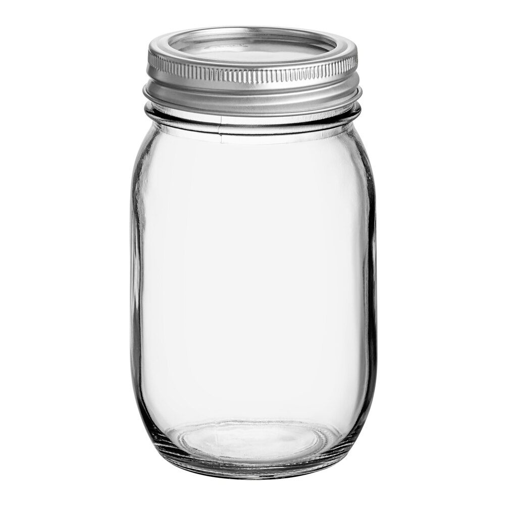 Choice 16 oz. Pint Regular Mouth Glass Canning / Mason Jar with Silver Metal Lid and Band - 12/Case