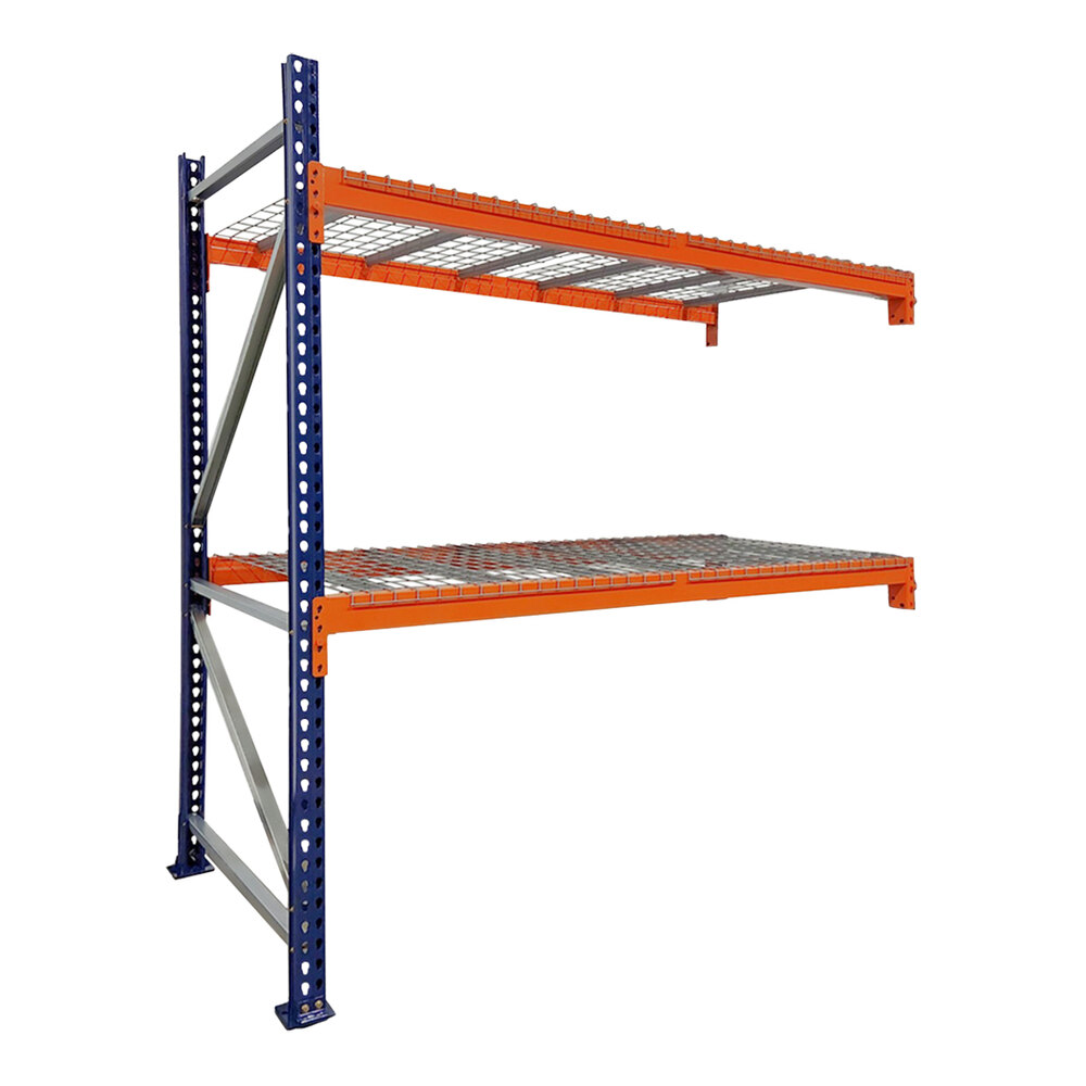 Interlake Mecalux 48" x 42" x 144" Blue / Orange Heavy-Duty Bolted Teardrop Pallet Rack Add-On with Wire Deck 3141444227E48AW - 2,700 lb. Individual Shelf Capacity