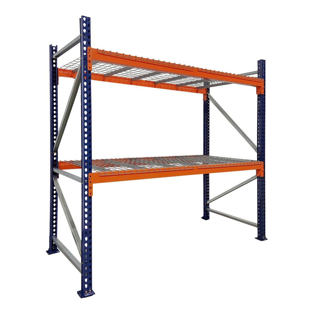 Interlake Mecalux 144" x 42" x 120" Blue / Orange Heavy-Duty Bolted Teardrop Pallet Rack Starter with Wire Deck 3141204259E144SW - 6,000 lb. Individual Shelf Capacity