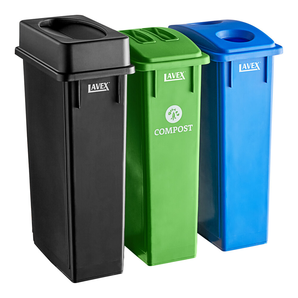 Lavex 69 Gallon 3-Stream Slim Rectangular Trash / Recycle / Compost Station with Black Drop Shot Lid, Green Flat Lid, and Blue Can / Bottle Lid