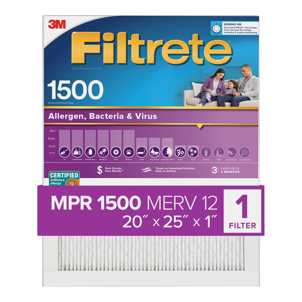 3M Filtrete 20" x 25" x 1" MPR 1500 High-Performance Allergen, Bacteria, and Virus Air Filter 70009112775