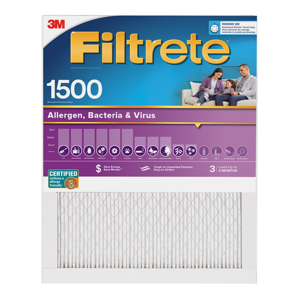 3M Filtrete 14" x 25" x 1" MPR 1500 High-Performance Allergen, Bacteria, and Virus Air Filter 70009120695