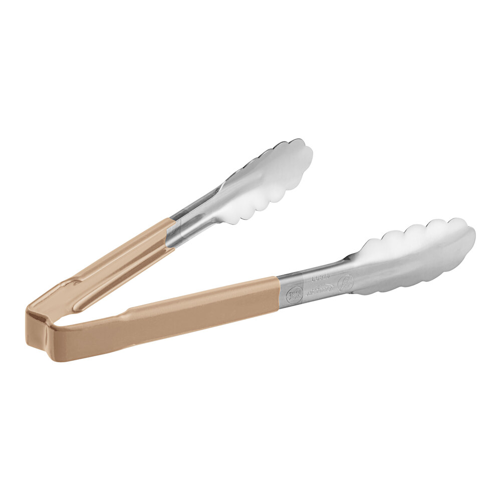Vollrath 4780960 Jacob's Pride® 9 1/2" Stainless Steel Scalloped Tongs with Tan Coated Kool-Touch® Handle