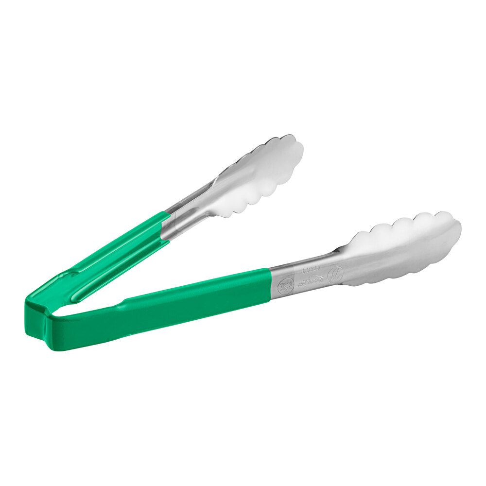 Vollrath 4780970 Jacob's Pride® 9 1/2" Stainless Steel Scalloped Tongs with Green Coated Kool-Touch® Handle