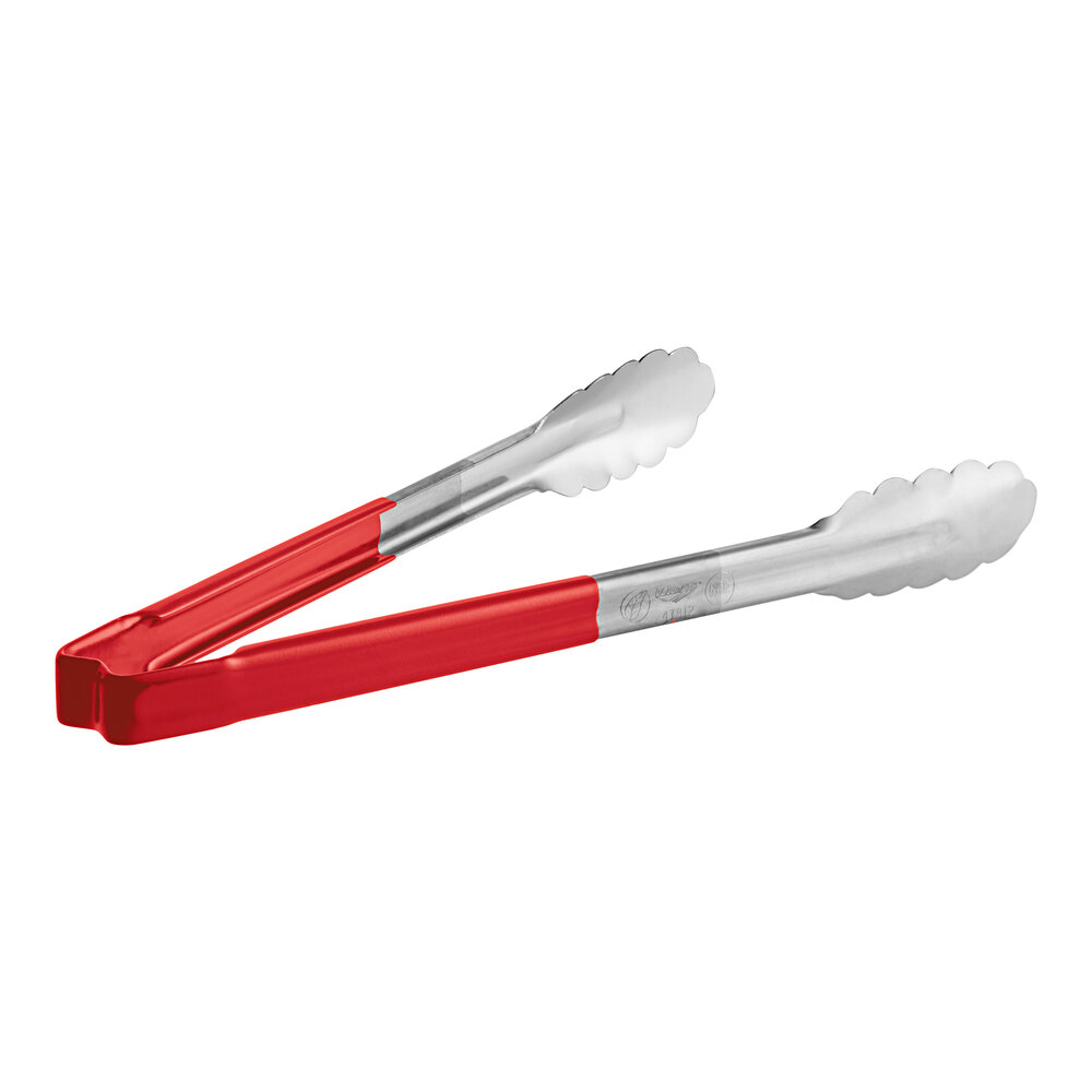 Vollrath 4781240 Jacob's Pride® 12" Stainless Steel Scalloped Tongs with Red Coated Kool-Touch® Handle