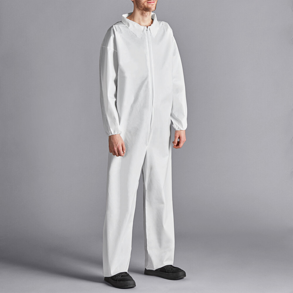 Lavex White 53 GSM Heavy Weight Microporous Polypropylene Zipper Front Long Sleeve Coveralls with Elastic Wrists and Ankles - 2XL - 25/Case