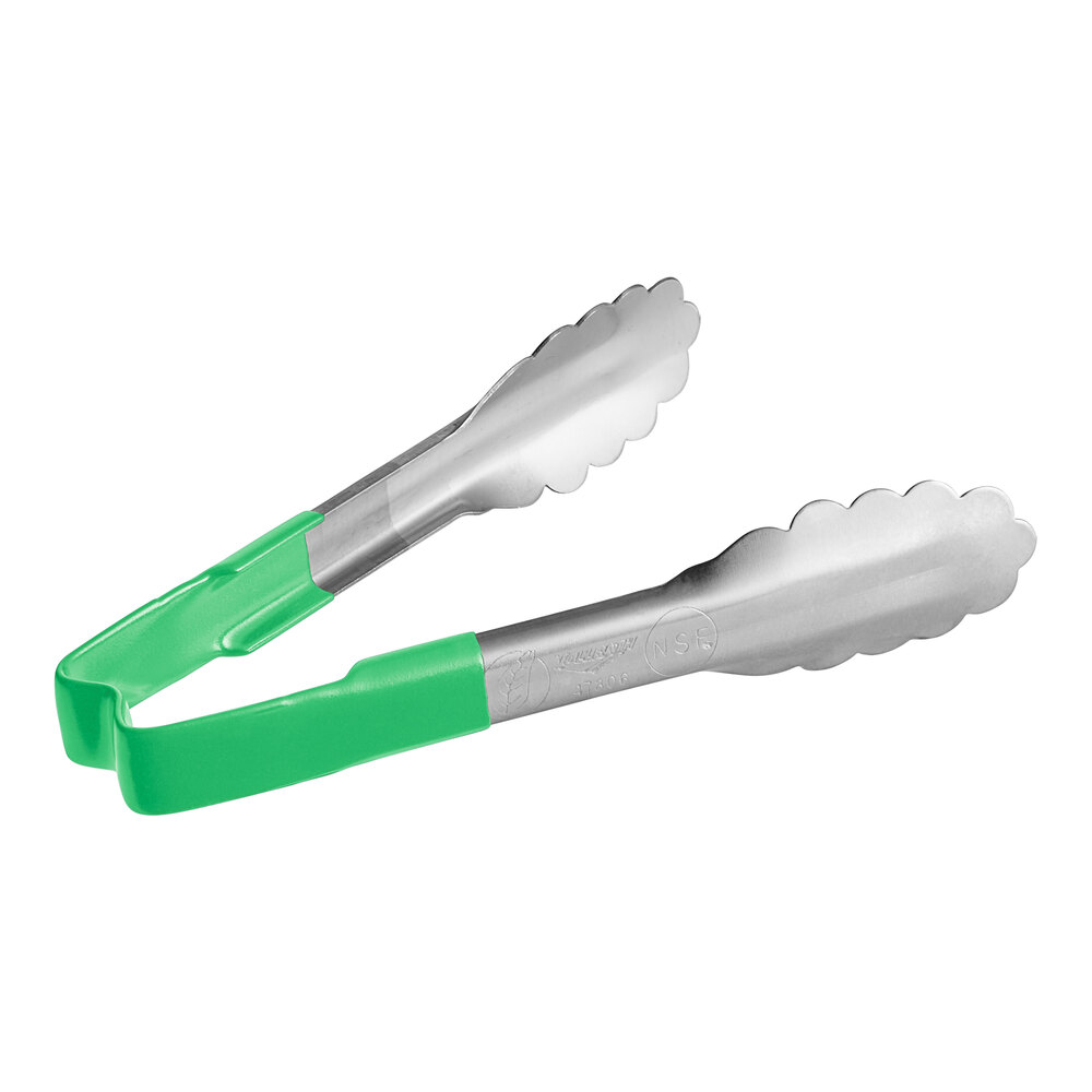 Vollrath 4780670 Jacob's Pride® 6" Stainless Steel Scalloped Tongs with Green Coated Handle