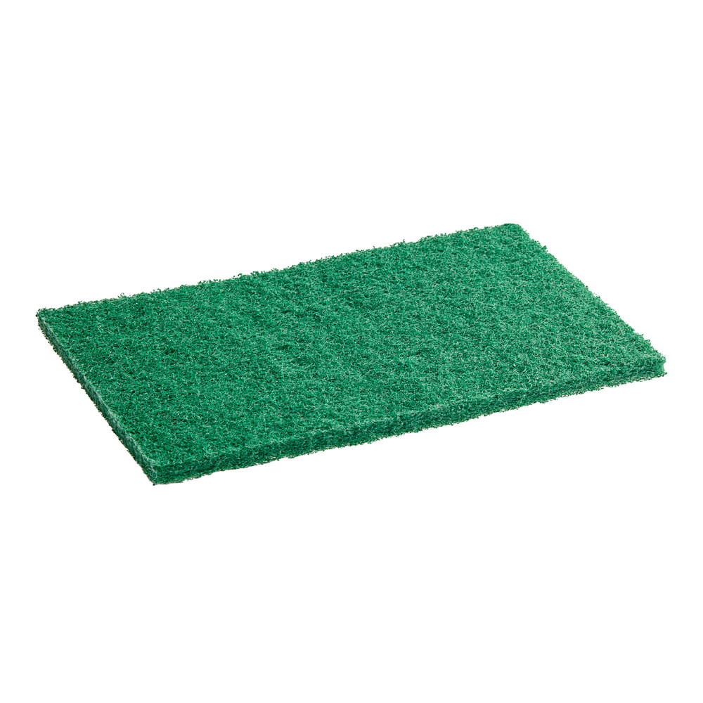 Lavex 9" x 6" x 3/8" Heavy-Duty Green Scouring Pad - 10/Pack