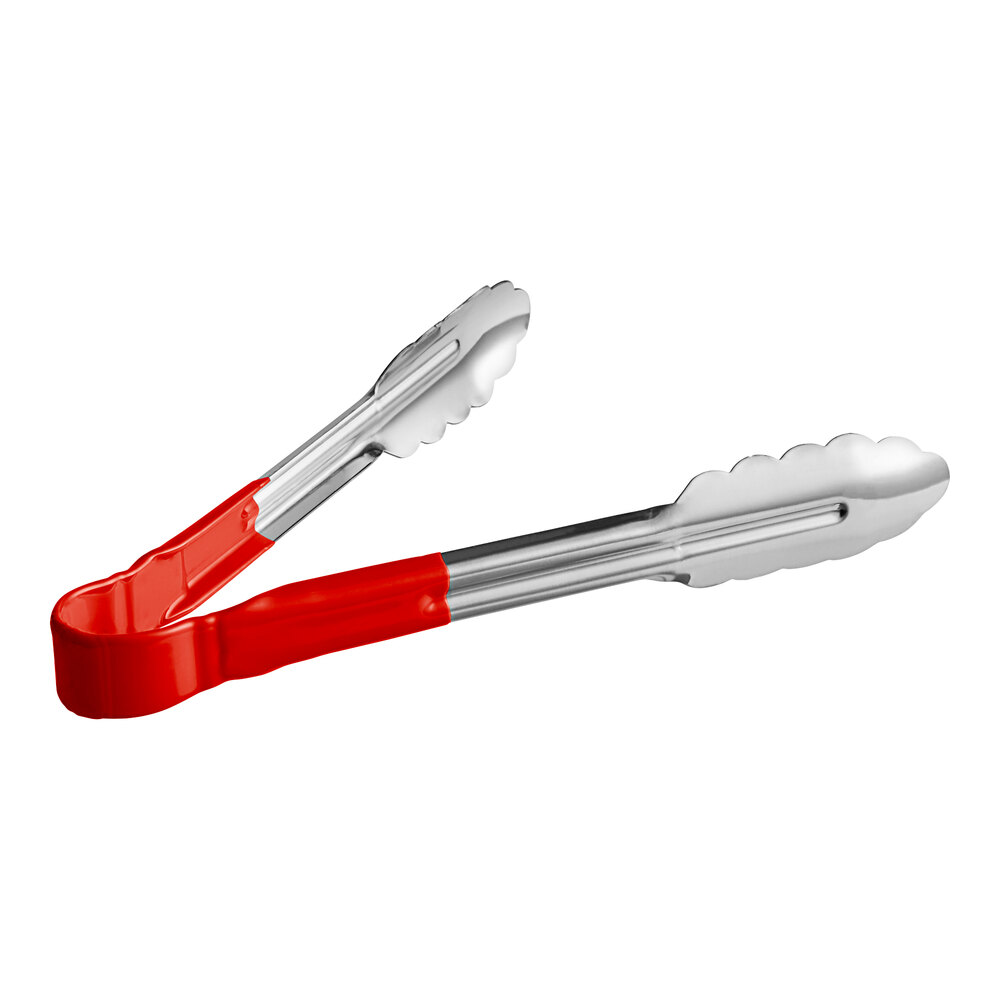 Carlisle 60756005 9 1/2" Stainless Steel Scalloped Tongs with Red Dura-Kool Handle