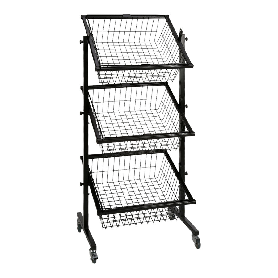 22 1/2" x 18" x 49" 3-Tier Black Steel Mobile Merchandising Display Rack with Adjustable Baskets