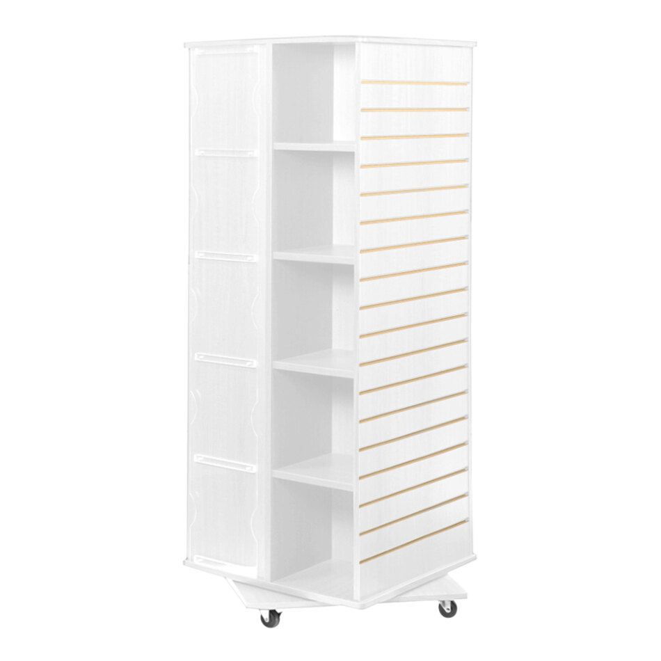 23 1/2" x 23 1/2" x 63" 10-Slot White Wood Mobile T-Shirt Spinner Display Merchandiser with 2 Slatwalls