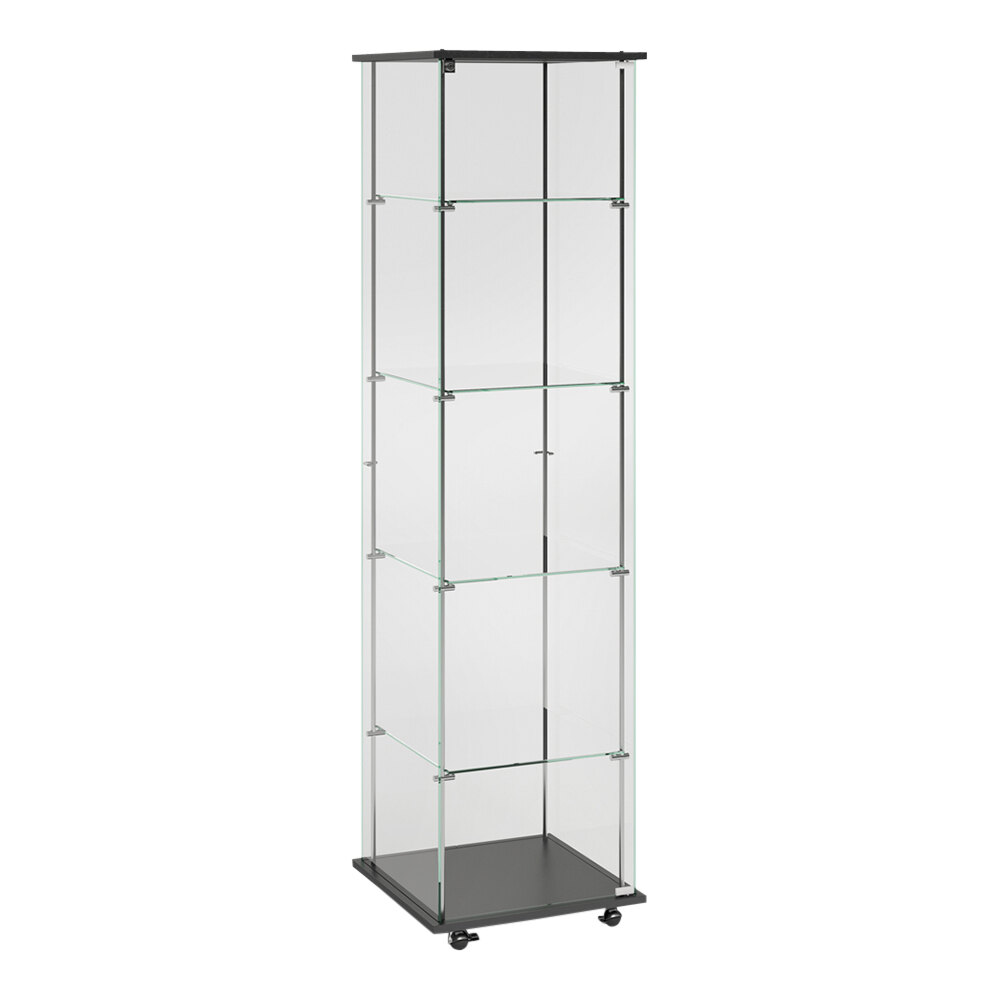 15 3/4" x 15 3/4" x 62" Square Frameless Glass 4-Shelf Display Showcase with Hinged Glass Door and Casters