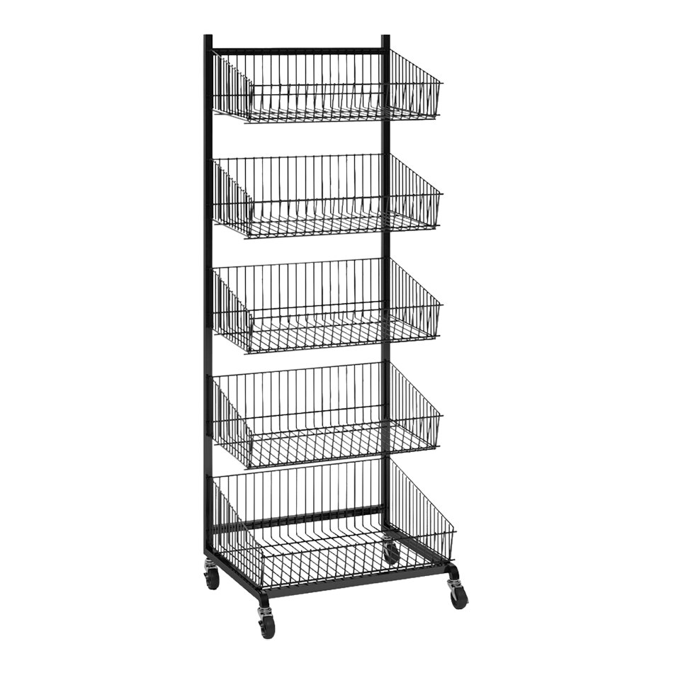 23 1/2" x 21" x 58" 5-Tier Black Steel Mobile Merchandising Display Rack with Dividers