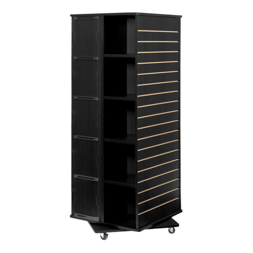 23 1/2" x 23 1/2" x 63" Black Laminated Wood Mobile Slatwall and Cube Rotating Display Merchandiser