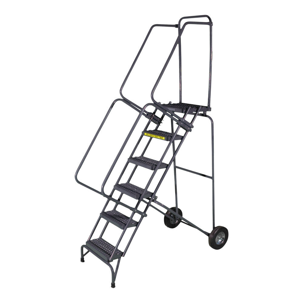 Ballymore Fold & Store 5-Step Stainless Steel Folding Rolling Safety Ladder with 16" Wide Serrated Steps, 14" Deep Top Step, and 10" Rubber Wheels SSFAWL-5-G - 450 lb. Capacity