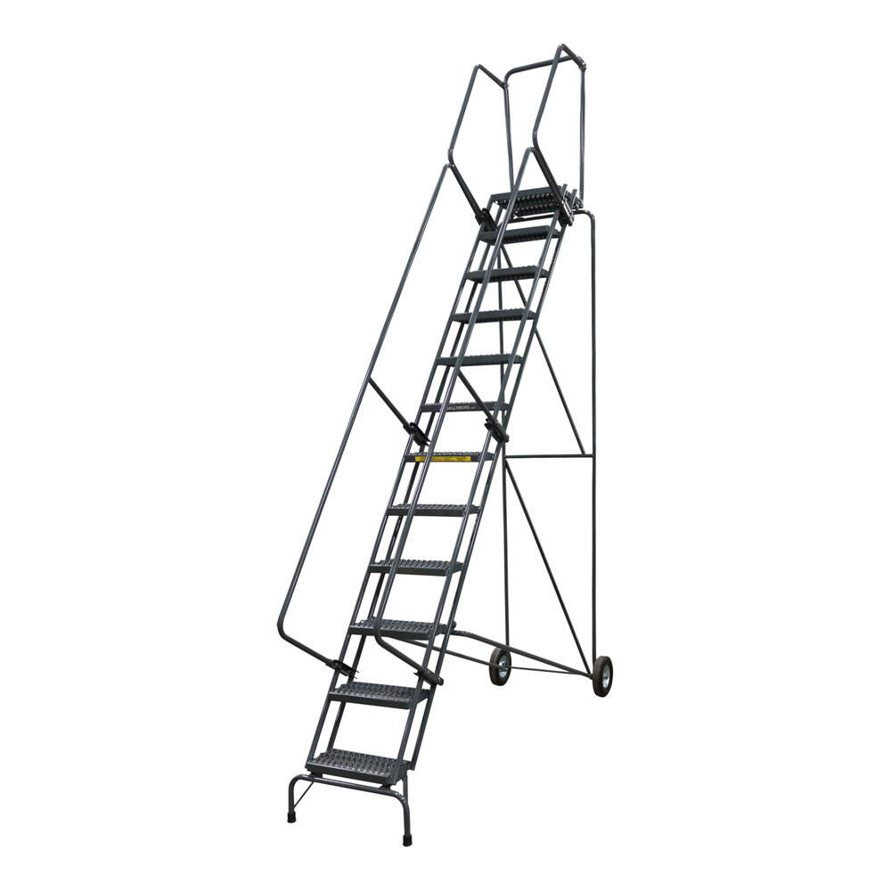 Ballymore Fold & Store 11-Step Stainless Steel Folding Rolling Safety Ladder with 16" Wide Serrated Steps, 14" Deep Top Step, and 10" Rubber Wheels SSFAWL-11-G - 450 lb. Capacity