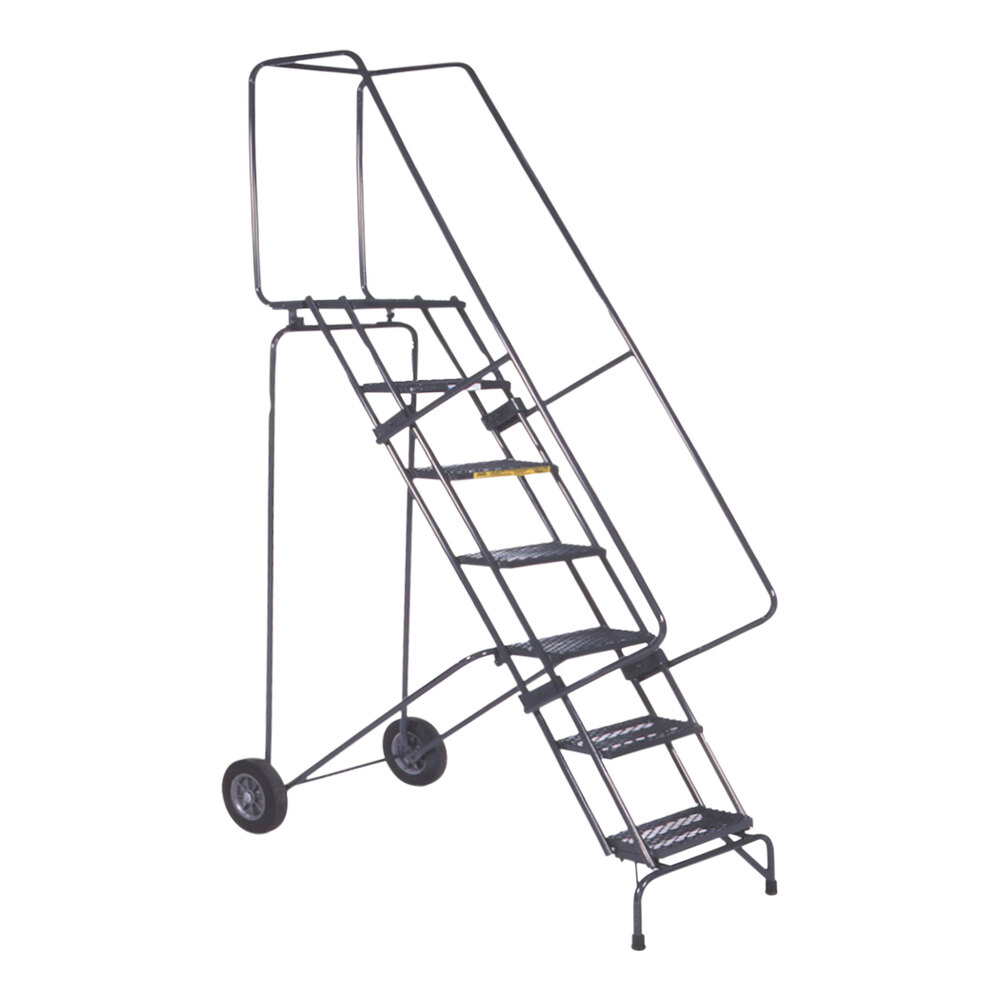 Ballymore Fold & Store 9-Step Stainless Steel Folding Rolling Safety Ladder with 16" Wide Serrated Steps, 14" Deep Top Step, and 10" Rubber Wheels SSFAWL-9-G - 450 lb. Capacity