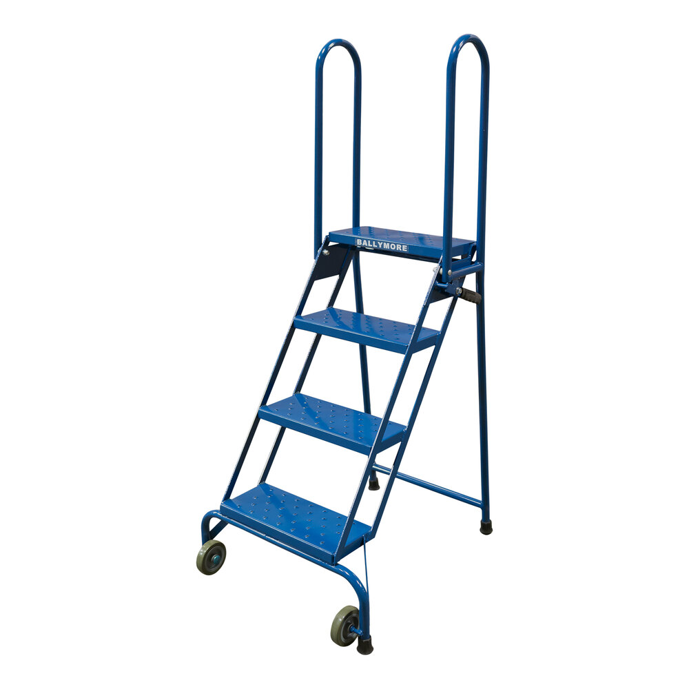 Ballymore Lock-N-Stock 4-Step Blue Heavy-Duty Steel Folding Mobile Step Ladder with 16" Wide Steps, 7" Deep Top Step, and 22" Handrails LS4247 - 350 lb. Capacity
