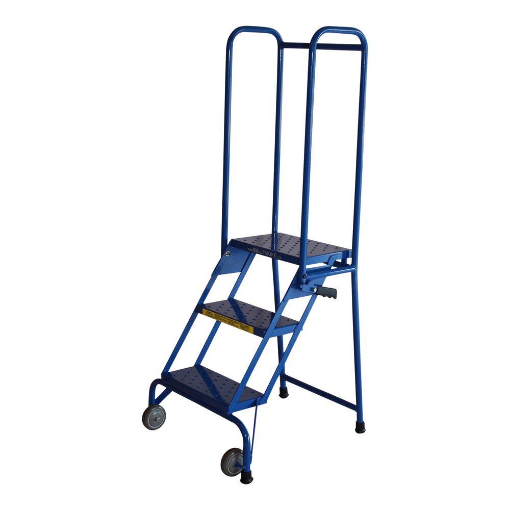 Ballymore Lock-N-Stock 3-Step Blue Heavy-Duty Steel Folding Mobile Step Ladder with 16" Wide Steps, 10" Deep Top Step, and 30" Handrails LS32410 - 350 lb. Capacity