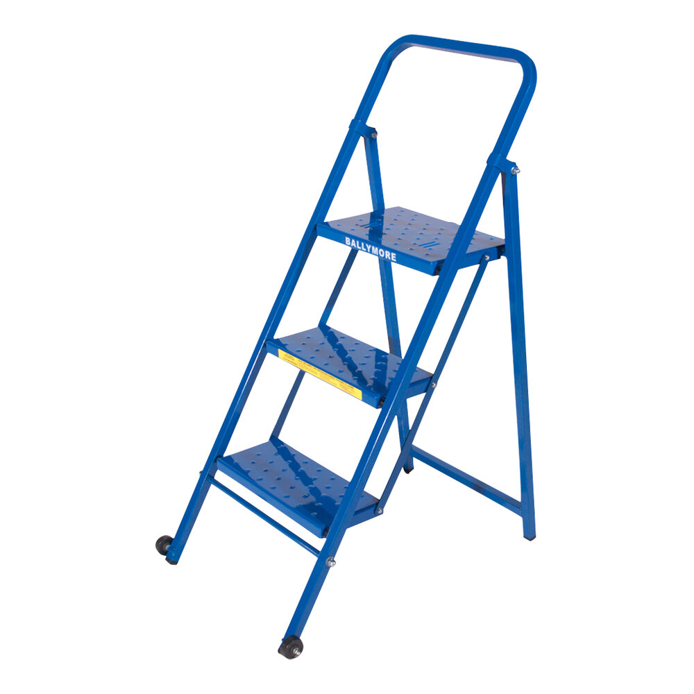 Ballymore Thin Line 3-Step Blue Powder-Coated Steel Folding Mobile Step Ladder TL318P - 300 lb. Capacity