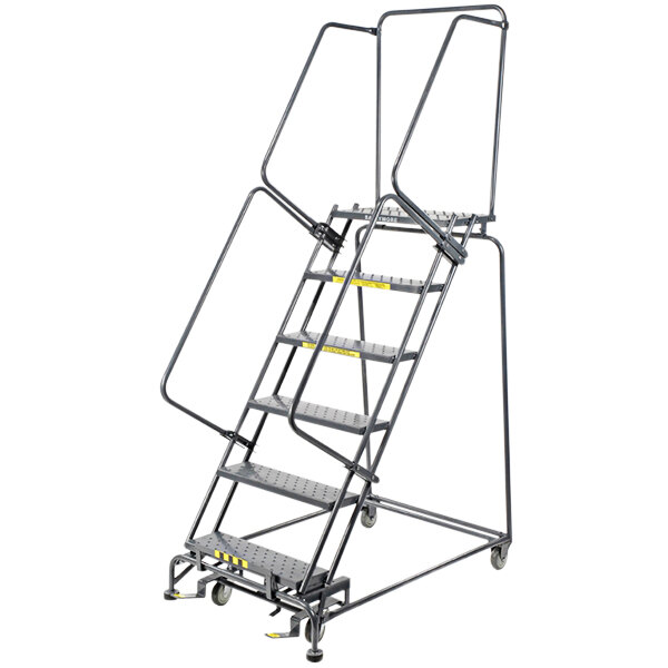 Ballymore M-2000 Series 6-Step Gray Steel Rolling Safety Ladder with Expanded Metal Tread, 24" Wide Steps, and 14" Deep Top Step 063214X - 450 lb. Capacity