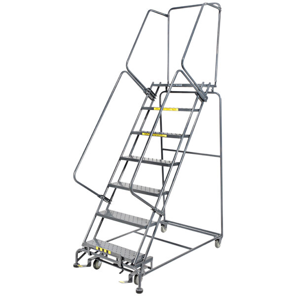Ballymore M-2000 Series 7-Step Gray Steel Rolling Safety Ladder with Serrated Tread, 24" Wide Steps, and 14" Deep Top Step 073214G - 450 lb. Capacity