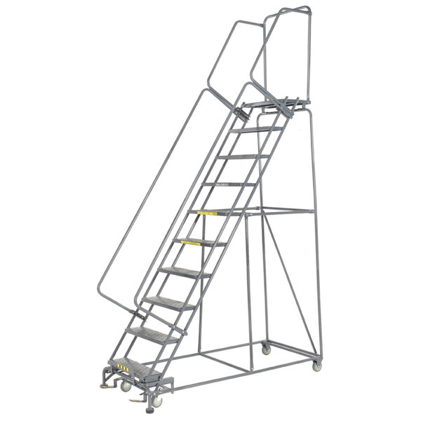 Ballymore M-2000 Series 10-Step Gray Steel Rolling Safety Ladder with Serrated Tread, 24" Wide Steps, and 14" Deep Top Step 103214G - 450 lb. Capacity