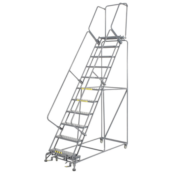 Ballymore M-2000 Series 13-Step Gray Steel Rolling Safety Ladder with Expanded Metal Tread, 24" Wide Steps, and 14" Deep Top Step 134014X - 450 lb. Capacity