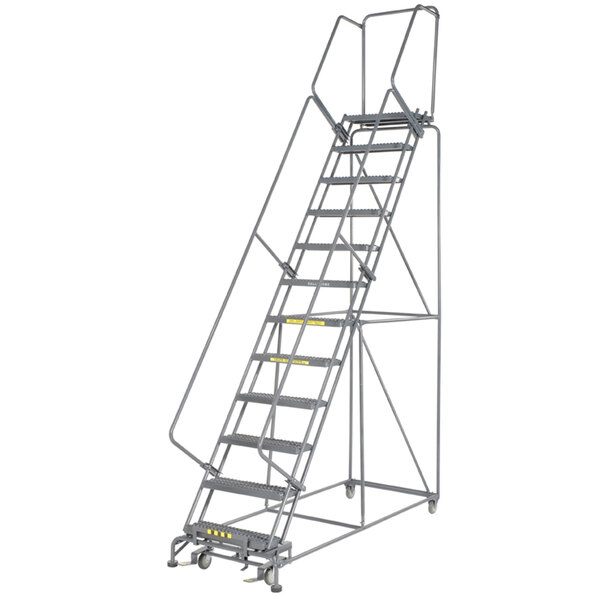 Ballymore M-2000 Series 13-Step Gray Steel Rolling Safety Ladder with Abrasive Mat Tread, 24" Wide Steps, and 14" Deep Top Step 134014R - 450 lb. Capacity