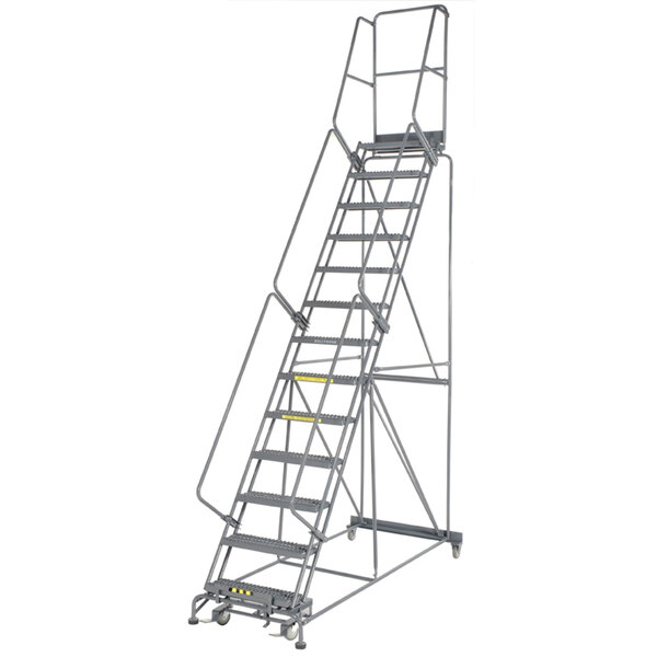 Ballymore M-2000 Series 13-Step Gray Steel Rolling Safety Ladder with Serrated Tread, 24" Wide Steps, and 14" Deep Top Step 134014G - 450 lb. Capacity