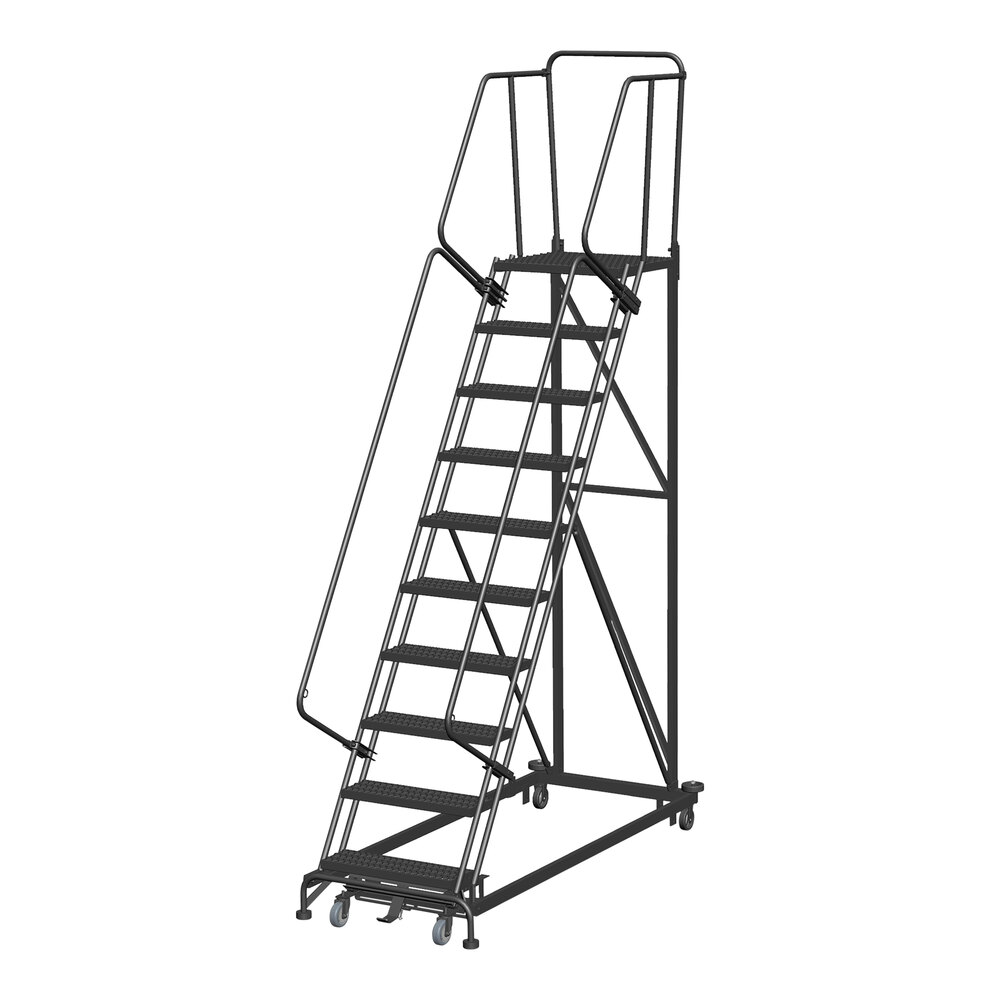 Ballymore Monster Line 10-Step Gray Steel Extra Heavy-Duty Rolling Safety Ladder with 21" Deep Top Serrated Step and Rear Exit ML103221G-REEX - 600 lb. Capacity