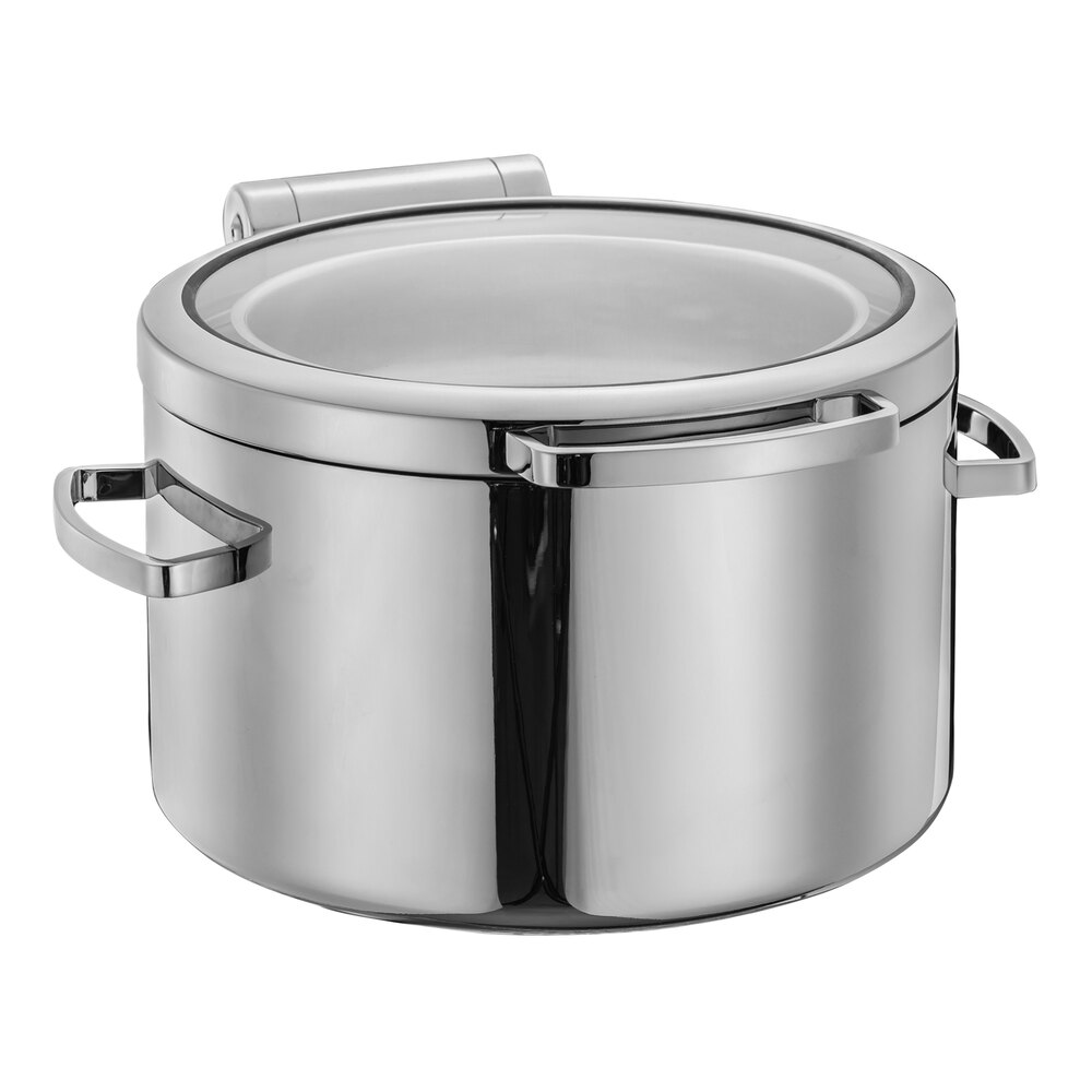 Eastern Tabletop 5-Star Series Jazz Smooth 11 Qt. Full Size Round Stainless Steel Induction Soup Chafer with Hinged Glass Lid 38811G