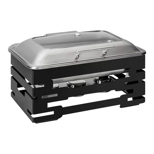 Rosseto Multi-Chef 9.51 Qt. Full Size Stainless Steel Traditional Chafer with Soft-Closing Lid and Black Stand SK062