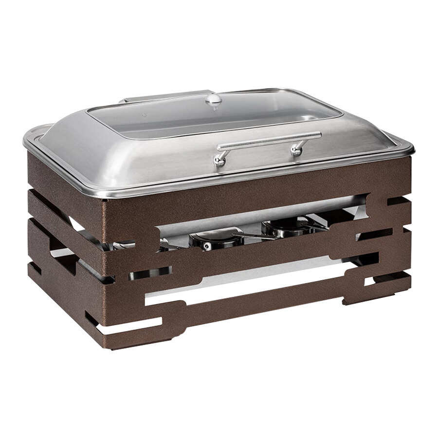 Rosseto Multi-Chef 9.51 Qt. Full Size Stainless Steel Traditional Chafer with Soft-Closing Lid and Bronze Stand SK063