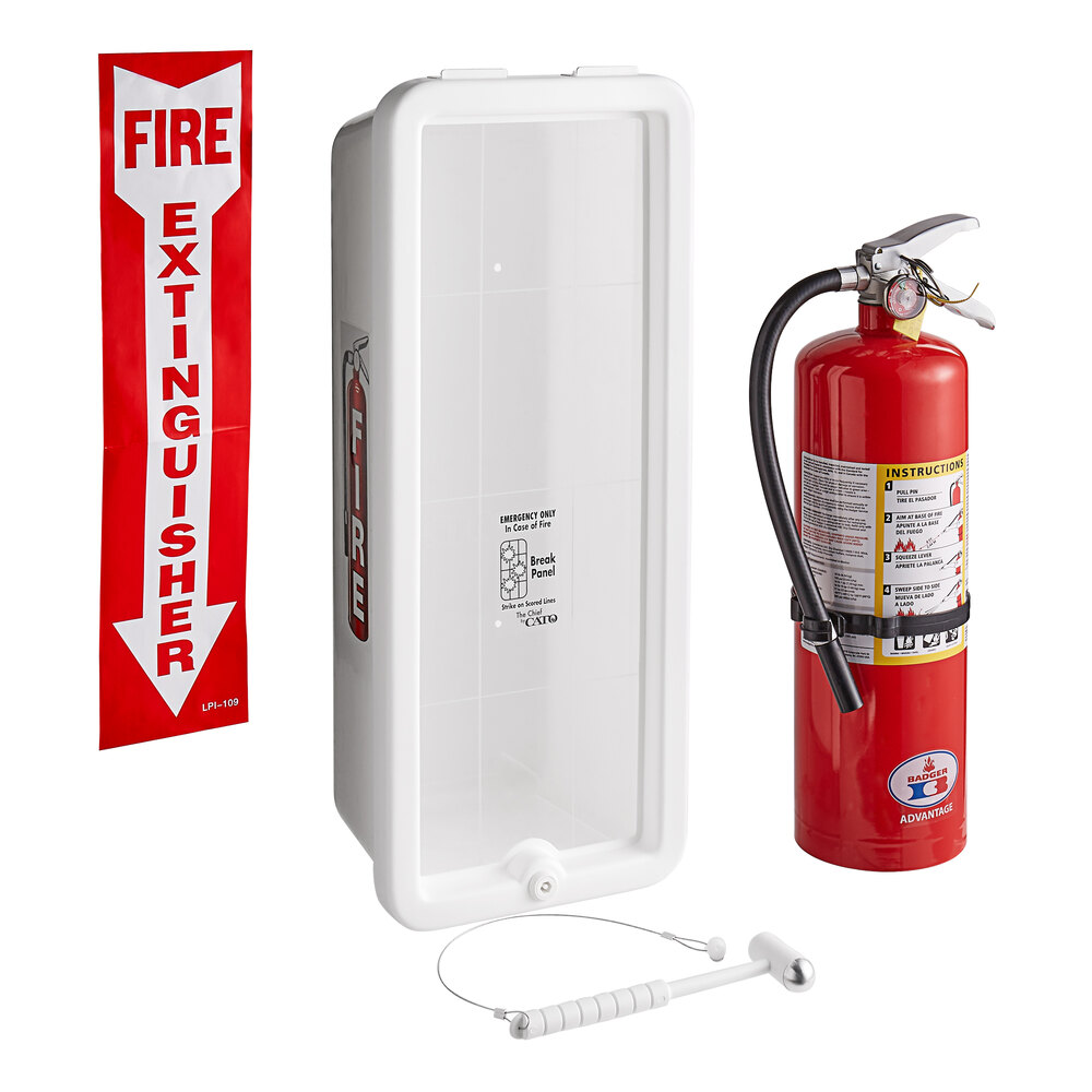Badger Advantage ADV-10 10 lb. Dry Chemical Untagged Rechargeable Fire Extinguisher, Cato Chief White Plastic Cabinet with Hammer, and Adhesive Label