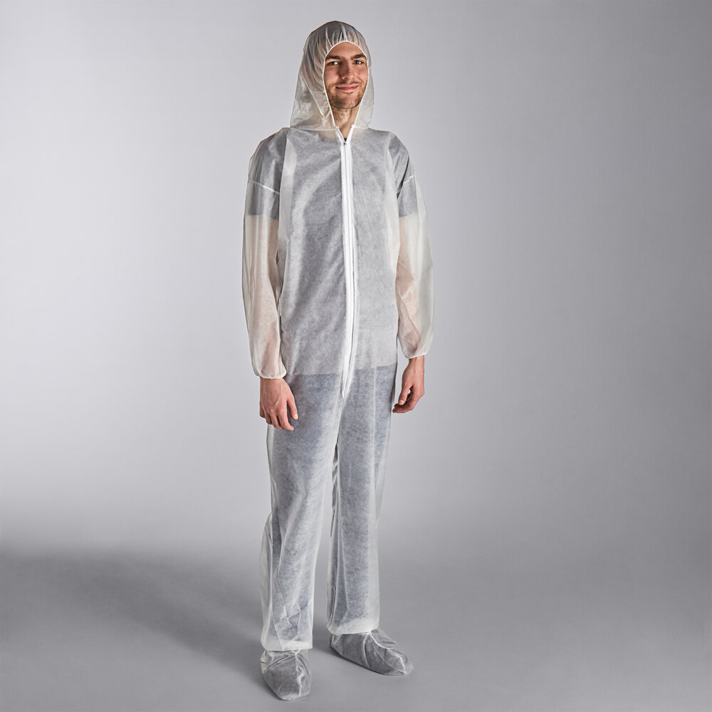 Lavex White Polypropylene 26 GSM Standard Weight Zipper Front Long Sleeve Coveralls with Elastic Wrists, Attached Boots, and Hood - XL - 25/Case