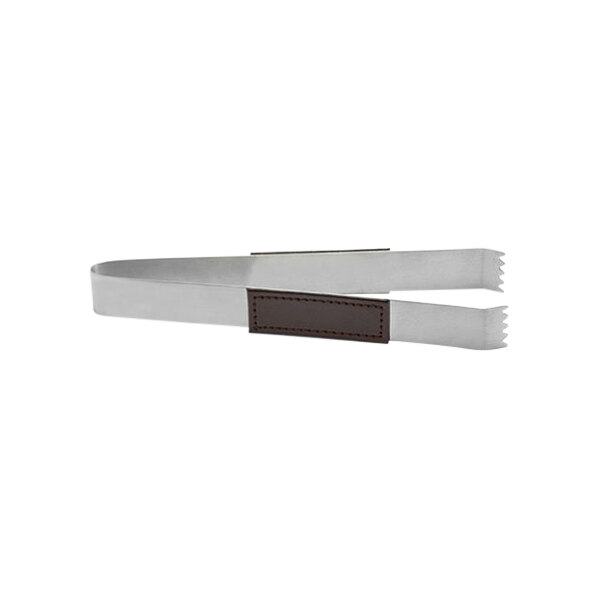 room360 London 7" Stainless Steel Ice Tongs with Brown Faux Leather Handle BUT021BRS23 - 12/Case