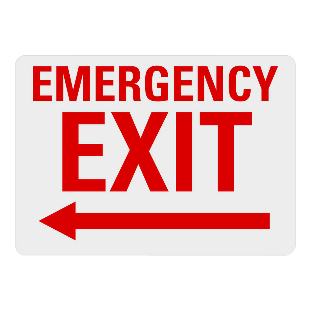 Lavex 10" x 7" White Non-Reflective Plastic "Emergency Exit" Sign with Red Lettering and Left Arrow