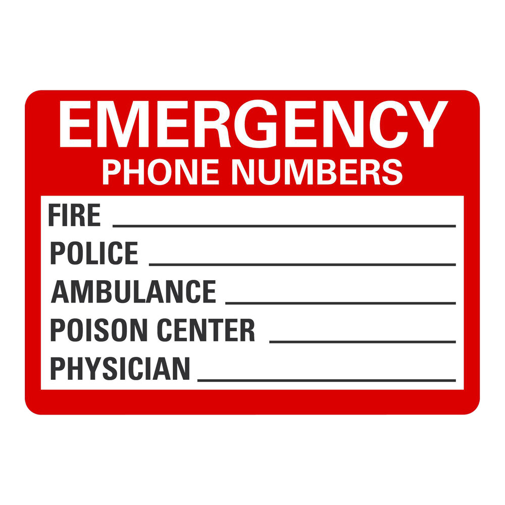 Lavex 10" x 7" Non-Reflective Aluminum "Emergency Phone Numbers / Fire / Police / Ambulance / Poison Center / Physician" Sign