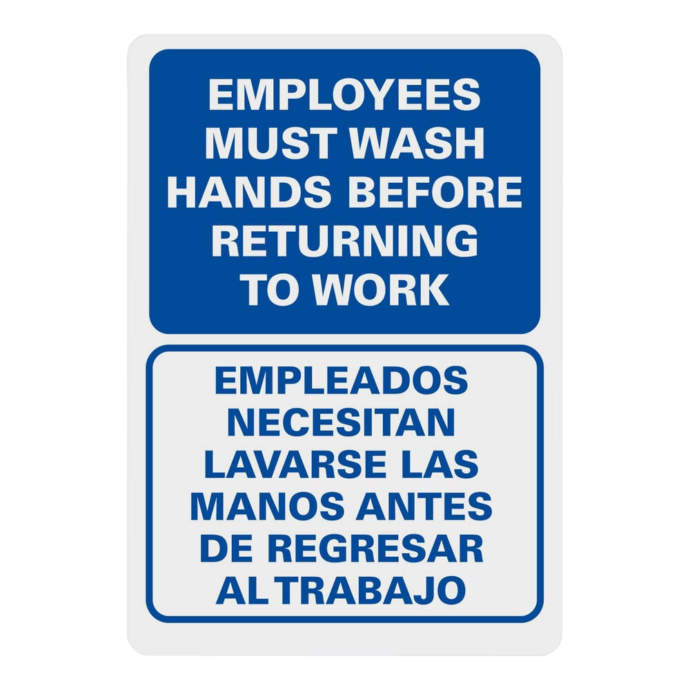Lavex 10" x 7" Non-Reflective Plastic Bilingual "Employees Must Wash Hands Before Returning To Work" Safety Sign
