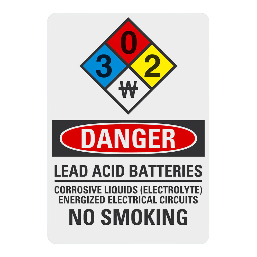 Lavex 10" x 7" Non-Reflective Adhesive Vinyl "Danger / Lead Acid Batteries / Corrosive Liquids (Electrolyte) / Energized Electrical Circuits / No Smoking" Safety Label