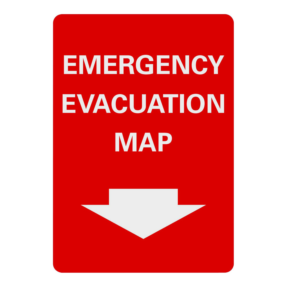 Lavex 10" x 7" Non-Reflective Aluminum "Emergency Evacuation Map" Sign with Down Arrow