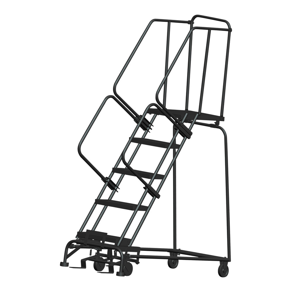 Ballymore M-2000 Series 5-Step Gray Steel Rolling Safety Ladder with Abrasive Mat Tread, 16" Wide Steps, and 21" Deep Top Step 052421R - 450 lb. Capacity