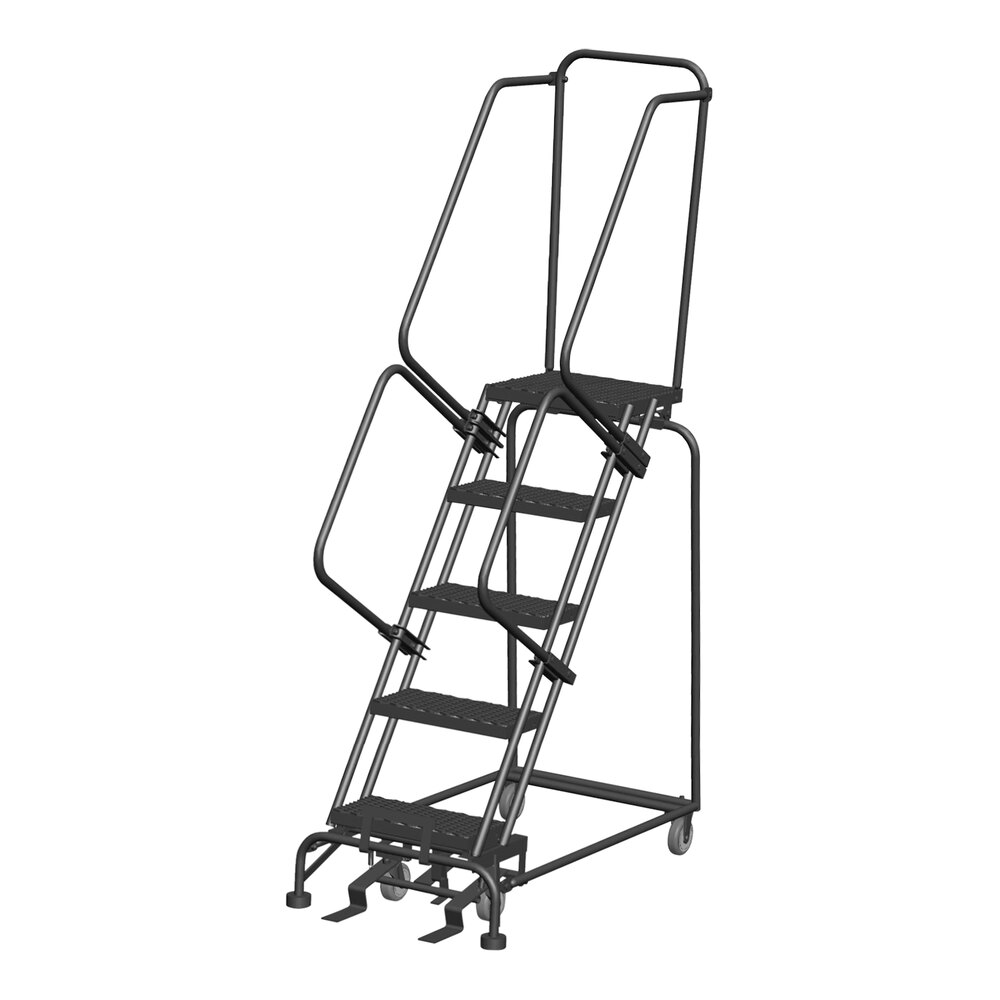Ballymore M-2000 Series 5-Step Gray Steel Rolling Safety Ladder with Expanded Metal Tread, 16" Wide Steps, and 21" Deep Top Step 052421X - 450 lb. Capacity